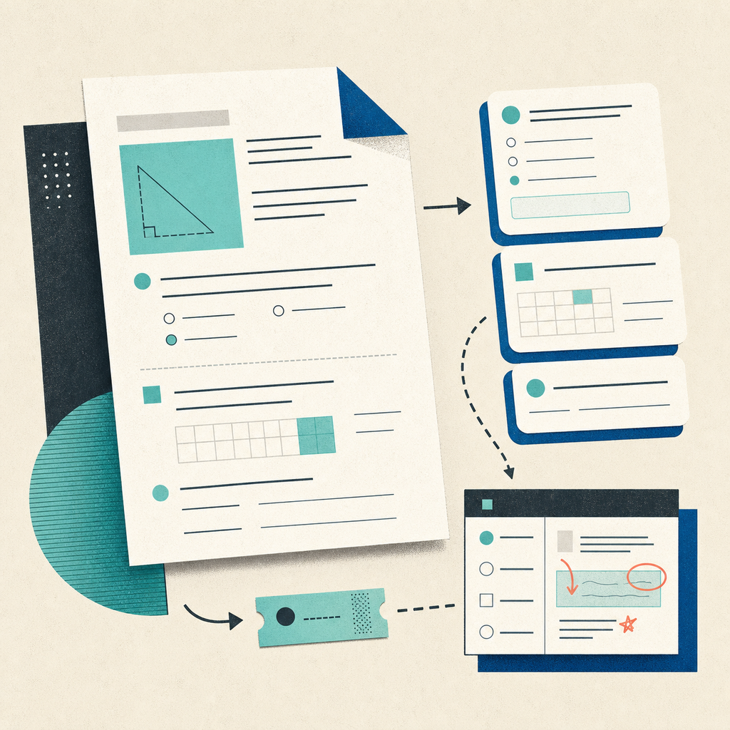 Illustration eines Arbeitsblatts, das in interaktive Aufgaben, Zugang und Auswertung übergeht
