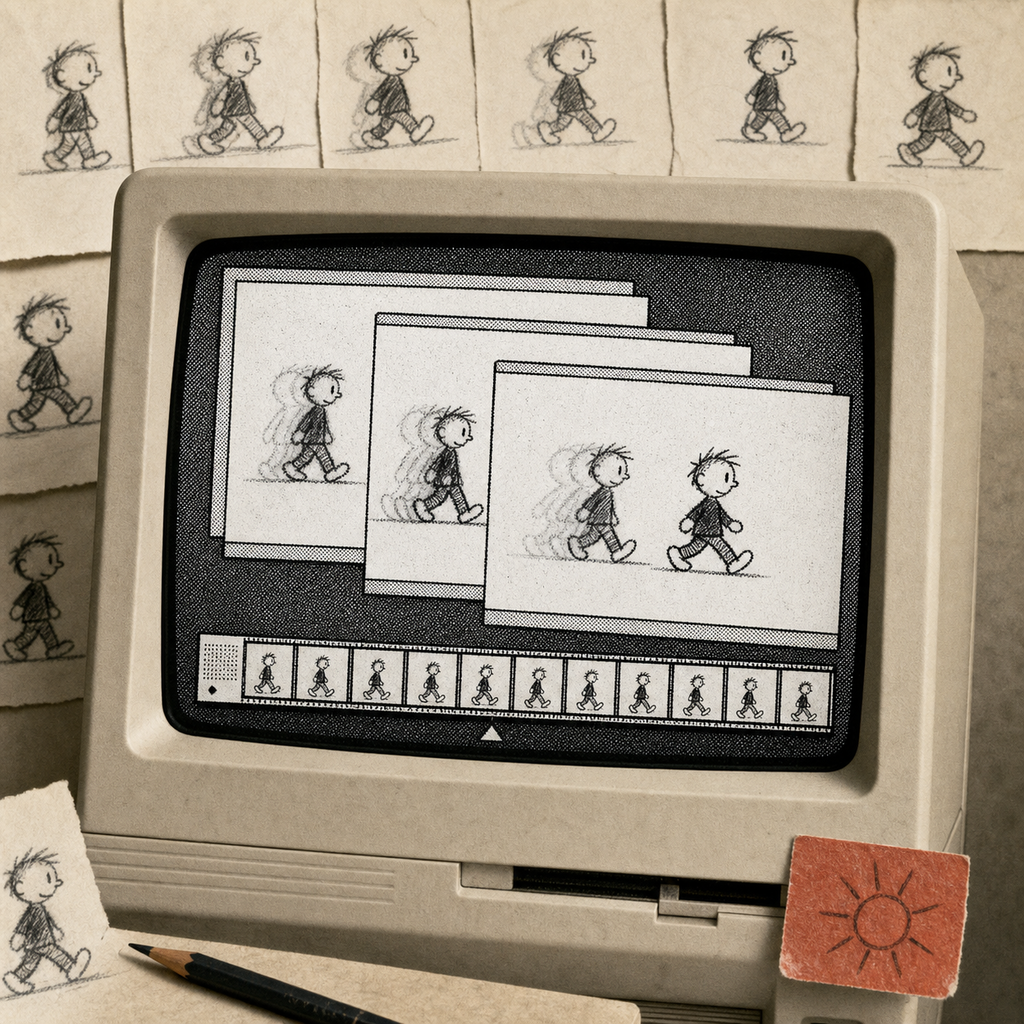Illustration einer handgezeichneten Gehbewegung in mehreren Animationsphasen auf einem klassischen Computer