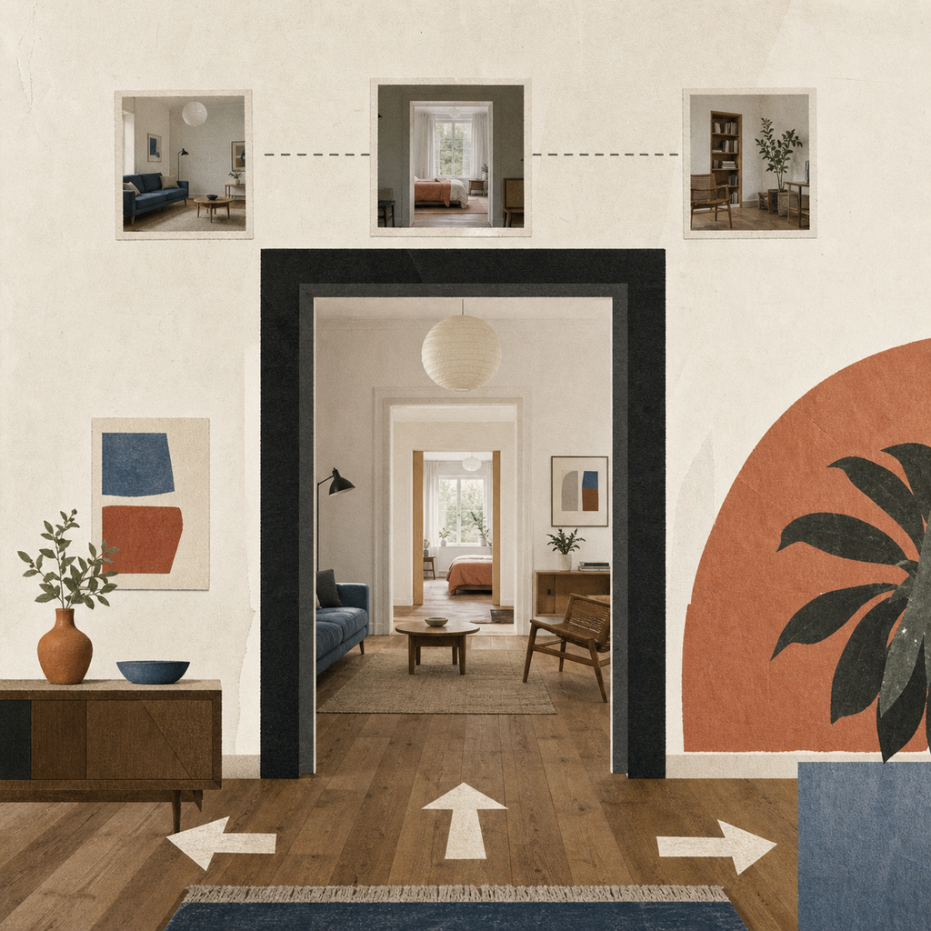 Illustration eines fotografischen Wohnungsrundgangs mit verbundenen Räumen und Navigationspfeilen