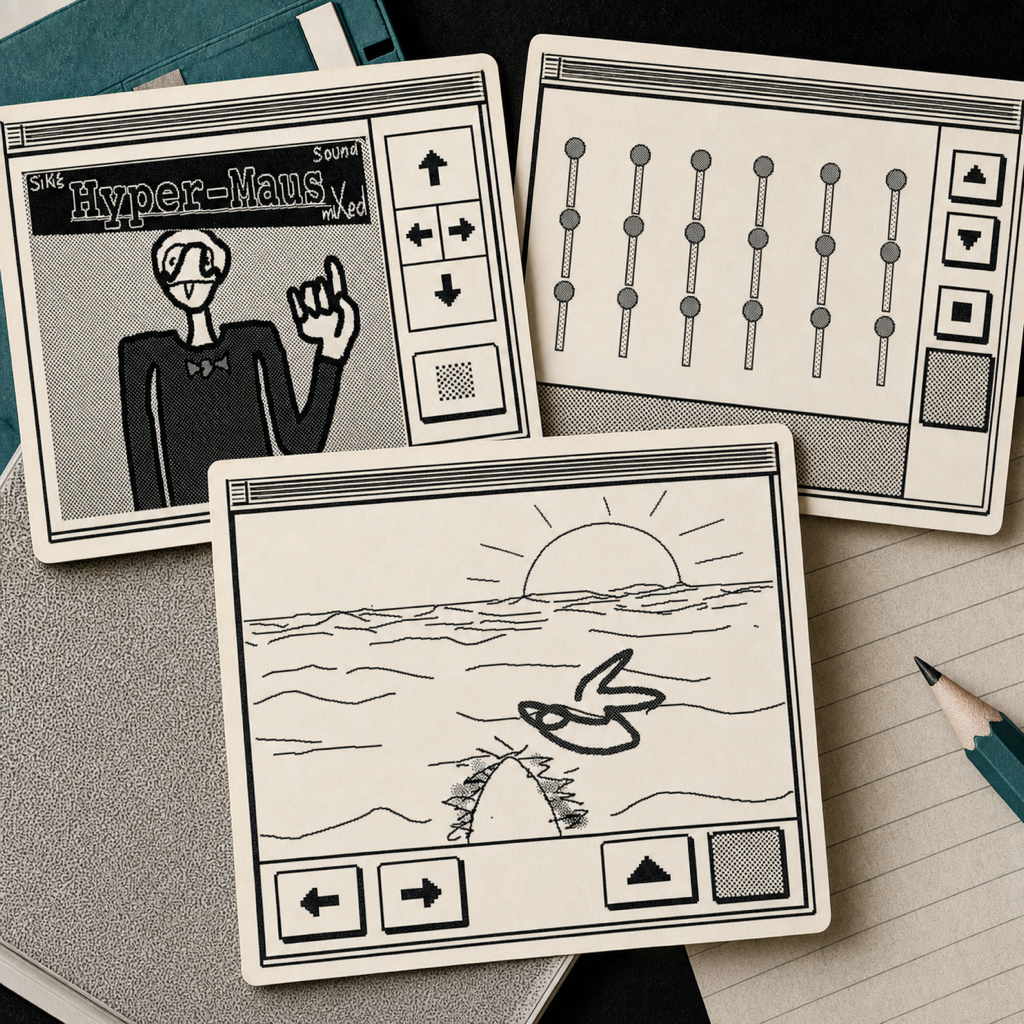 Illustration mehrerer früher Spiele als schwarzweisse HyperCard-Karten
