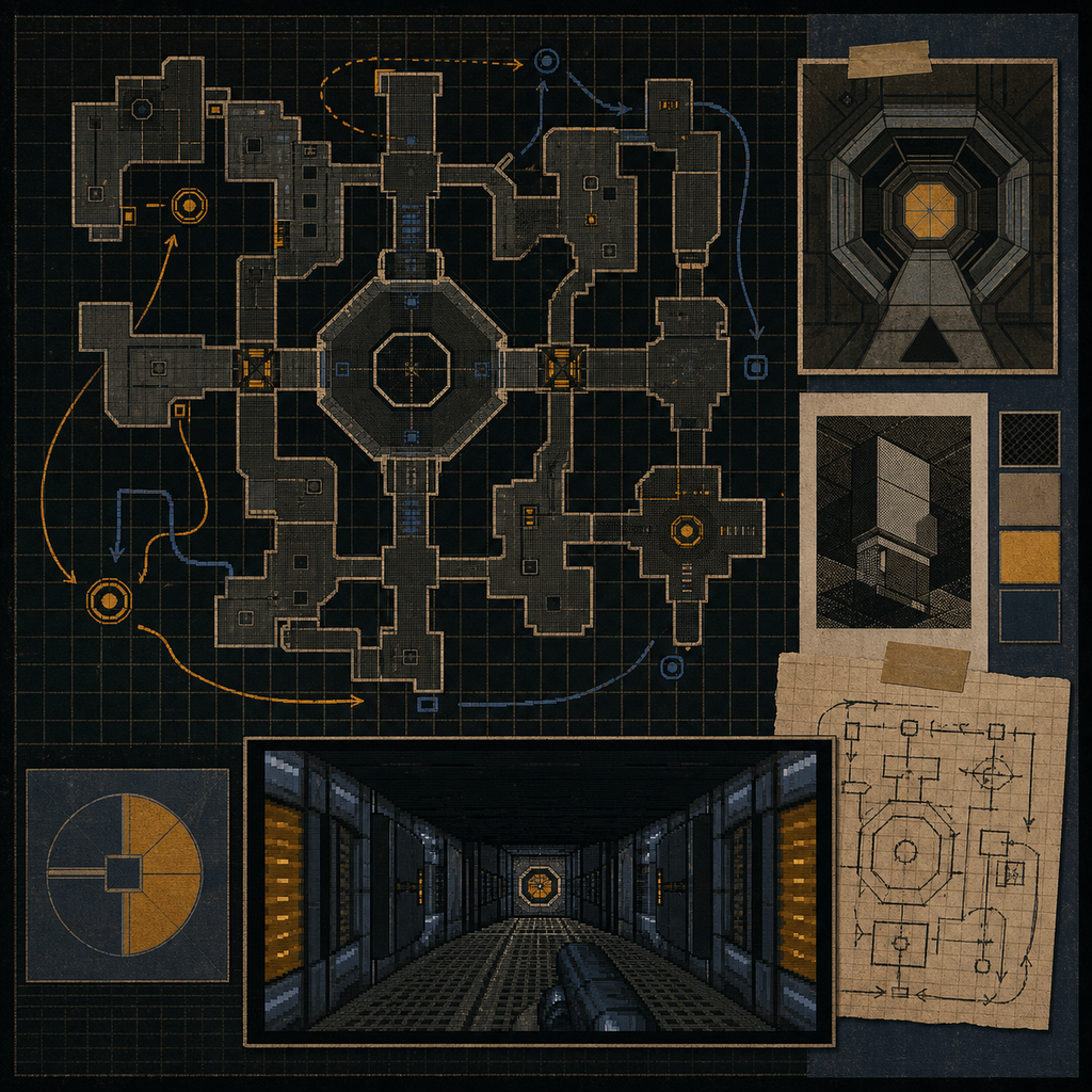 Illustration eines Science-Fiction-Levelplans mit Labyrinth, Wegmarkierungen und Spielansicht
