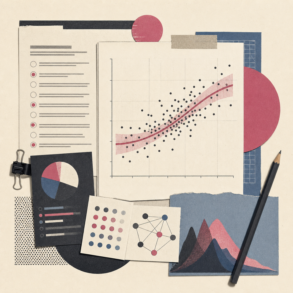 Illustration einer psychologischen Datenauswertung mit Fragebogen, Streudiagramm und statistischen Grafiken