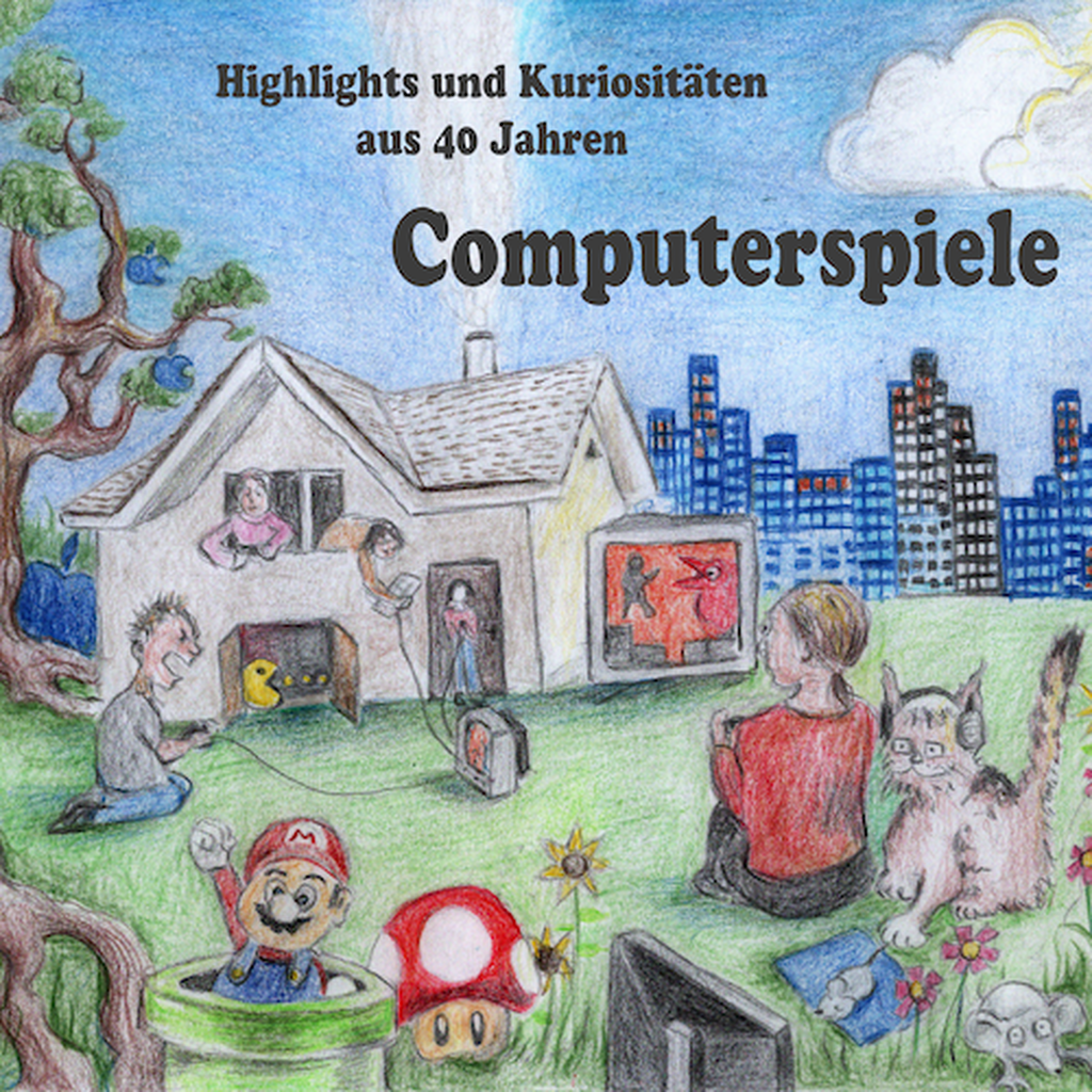 Quadratisches handgezeichnetes Titelbild des Computerspielmuseums