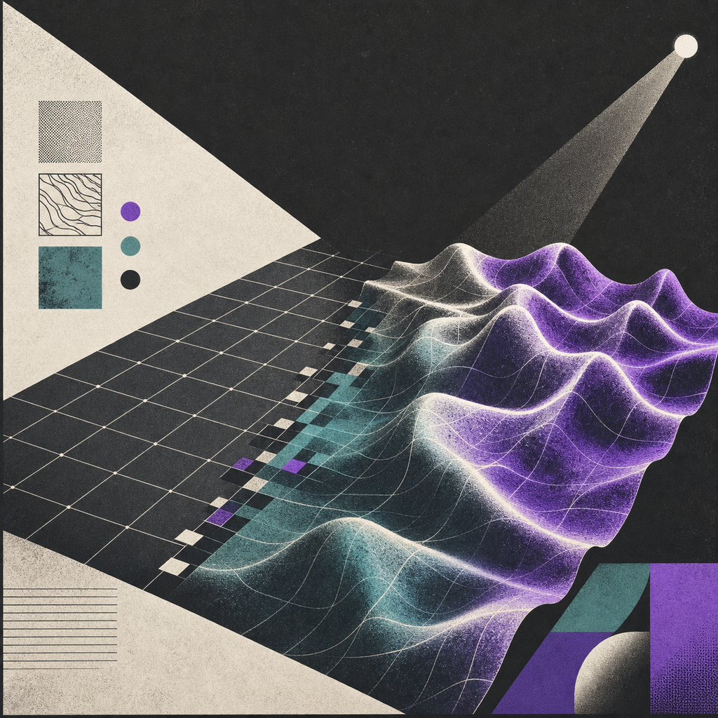 Illustration eines flachen Gitters, das durch Shader und Licht in eine räumliche Oberfläche übergeht