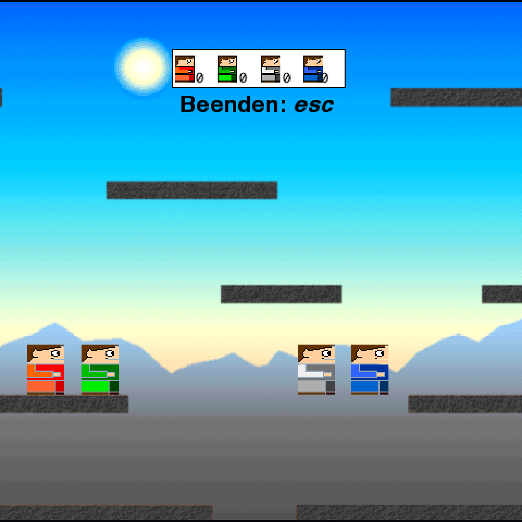 Echte Spielszene des rekonstruierten Super-Adi-Web-Ports mit vier Figuren und schwebenden Plattformen
