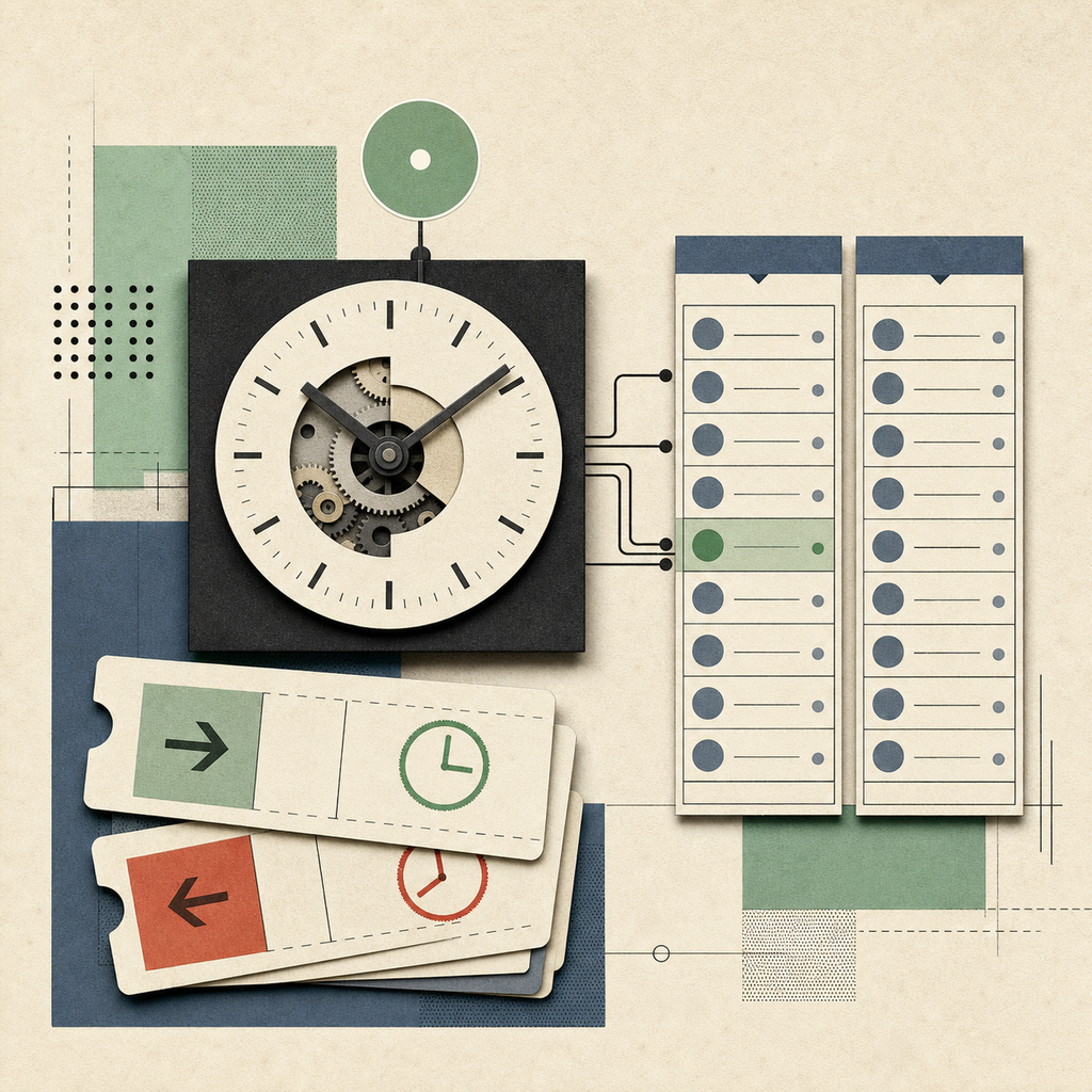 Illustration einer Zeiterfassung mit Uhrwerk, Kommen-und-Gehen-Karten und Anwesenheitslisten